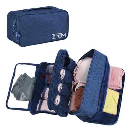 Travel Underwear Bra Organizer Bag, Large Capacity Travel Packing Organizer Waterproof Three Layer Packing Cube for Underwear, Socks, Toiletries, Cosmetics, Clothes, Towels - Navy3