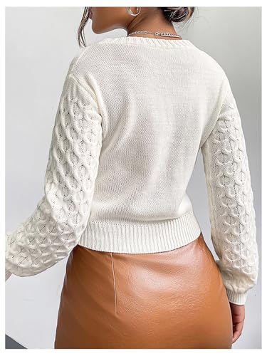 OYOANGLE Women's Cable Knit Cropped Cardigan V Neck Button Down Long Sleeve Sweater Outerwear3