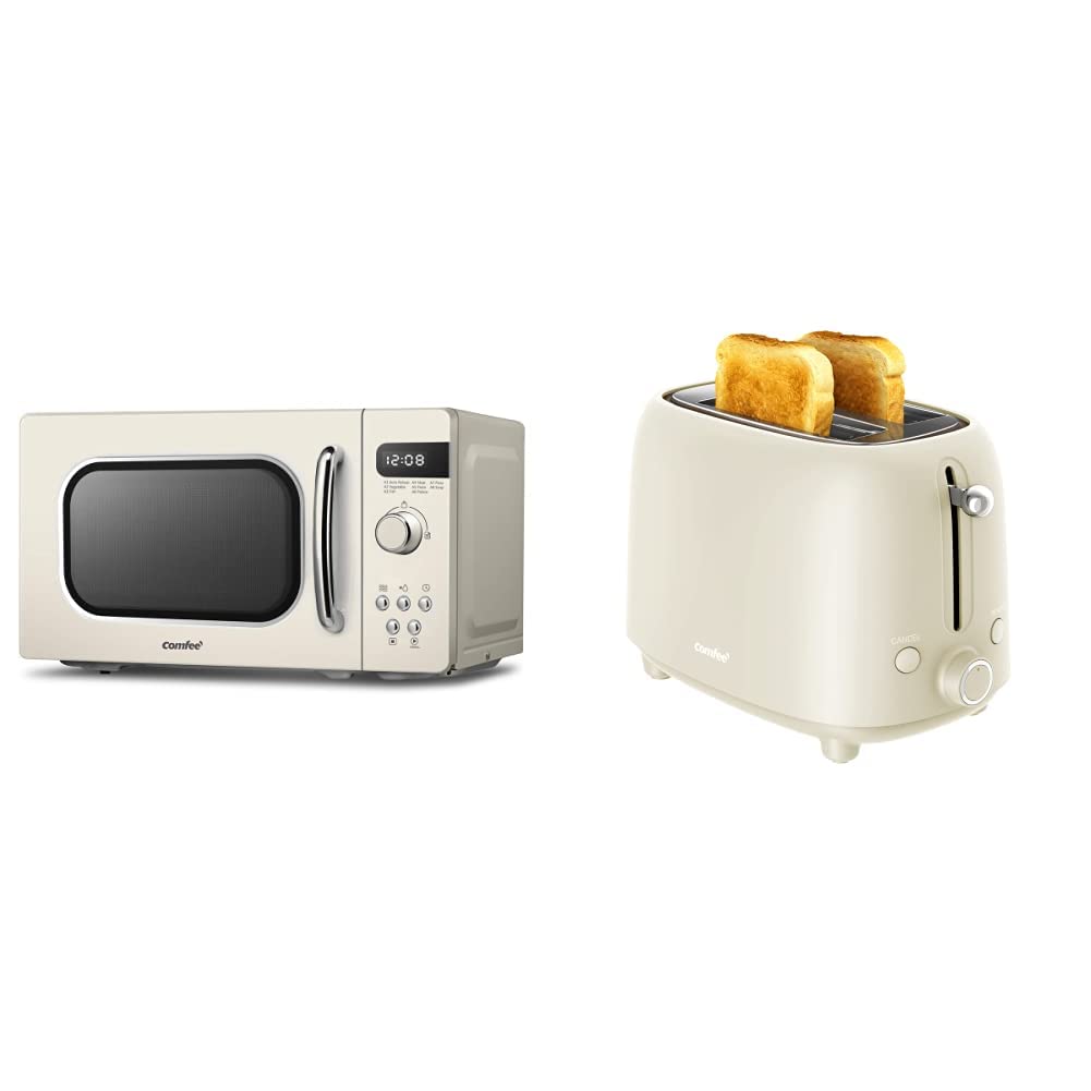 COMFEE' Retro Style 800 w 20 L Microwave Oven with 8 Auto Menus - CM-M202RAF(CM), Amazon Exclusive & Retro Style 2 Slice Toaster with 7 Browning Controls, Modern Design, Cream, MT-RP2L18W2(CM)