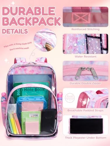 BLUEFAIRY Clear Backpack for Girls 17Inch School Book Bag Stadium Approved Heavy Duty PVC See Through Bag Large Transparent Bookbag for Kids Travel Work Events Mochilas Escolares para Niñas (Graffiti)