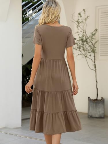 Lyrur Womens 2026 Fall Dresses Crew Neck Short Sleeve Loose Casual Tiered Midi Dress with Pockets (M,9191-Coffee) — view 3