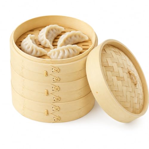 LOPYXBR Bamboo Steamer Basket 8 inch, 3 Tier Steamer Bamboo