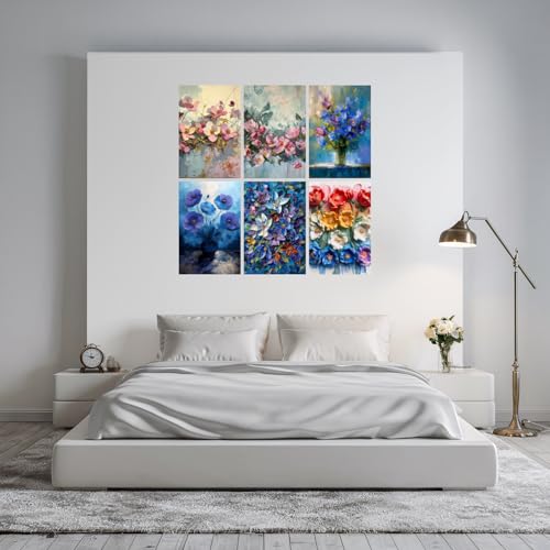 Image of SiddArtify Palette Knife Floral Art Print Set - Pink Blue and Rainbow Flowers - Sticker - 8x12 Inch - Pack of 6 Wall Room Decoration art Poster Prints