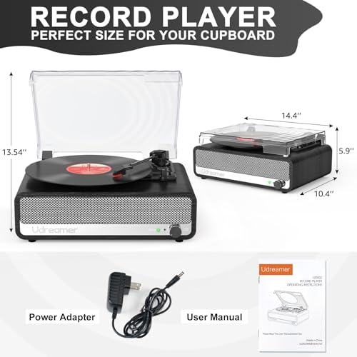 Image of Vinyl Record Player with Built-in Speakers,3 Speed Turntable with Bluetooth 5.3, AUX Input, Headphone Jack, RCA Output and Auto Stop, Mirror Vintage Wooden Black