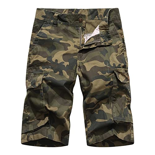 Men Camo Cotton Cargo Shorts Camouflage Outdoor Multi Pockets Short Relaxed Fit Lightweight Military Short Pants (Yellow,32)