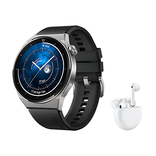 HUAWEI Watch GT 3 Pro スマートウォッチ、チタンボディ、サファイアダイヤル、酸素飽和度および心拍数モニタリング、長いバッテリー寿命、ブラック+freebuds 4 ホワイト