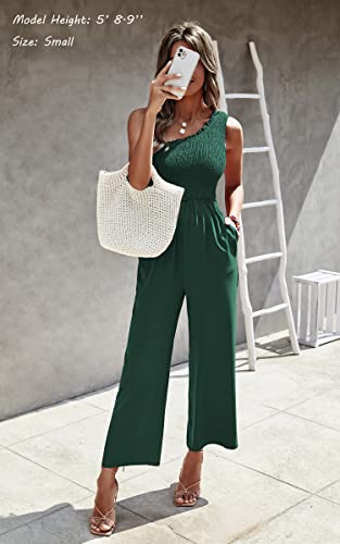 Angashion Women's Summer Wide Leg Jumpsuits One Shoulder Casual Sleeveless Elastic High Waist Solid Color Romper With Pockets Green L #TOP1