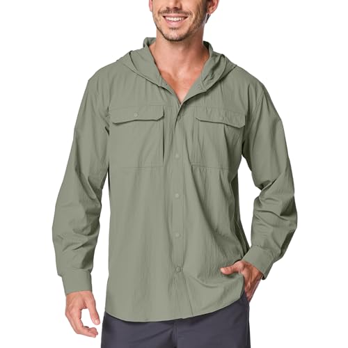 Jessie Kidden Mens Sun Protection Hiking Fishing Safari Shirts with Hood Long Sleeve Outdoor Quick Dry Shirts Hoodie (5105 Grey Green S)