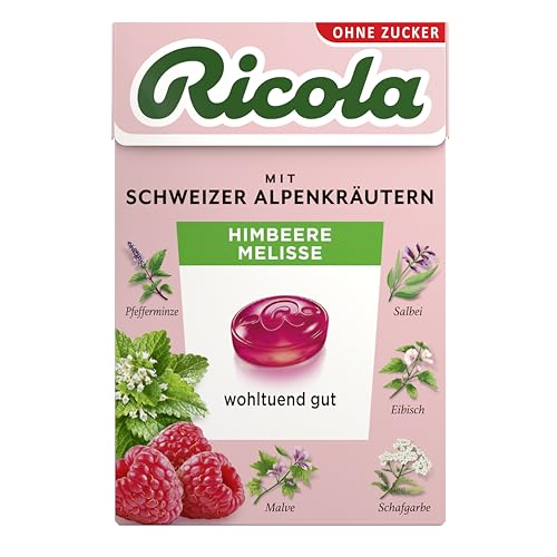 Ricola Himbeere Melisse, 50g Böxli Original Schweizer Kräuter-Bonbons mit 13 Alpenkräutern & fruchtig-erfrischender Himbeere, zuckerfrei, 1 x 50g, vegan