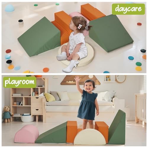 Image of 7 Pieces PU Leather Foam Climbing Blocks with Large Ball Pit,Soft Play Set for Toddlers,Kids Indoor Climbers & Play Structures with Pop Up Foldable Ball Pit,Colorful（Balls Not Included