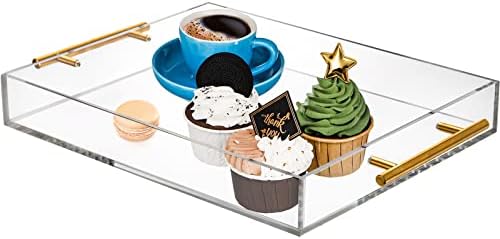 Lyellfe Acrylic Serving Tray with Gold Handles, 14 x 11 Inch Lucite Tray for Coffee Table, Spill-Proof Clear Food Serving Tray for Breakfast, Coffee, Cosmetic or Magazine