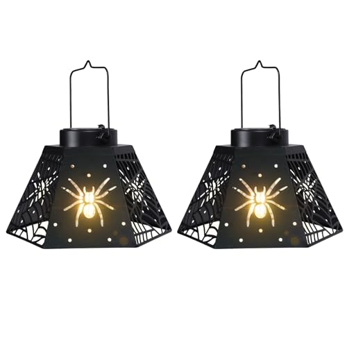 2 Pack Halloween Solar Lantern with Spider Web Design, Outdoor Hanging LED Light for Yard Patio Garden, Waterproof Metal Decorative Lamp for Halloween Decor