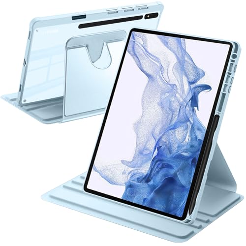 A-BEAUTY Rotating Case Compatible with Samsung Galaxy Tab S8 Plus 2022 / S7 FE 2021 / S7 Plus 2020 12.4-Inch with S Pen Holder Cover Clear Back Auto Wake/Sleep Sky Blue