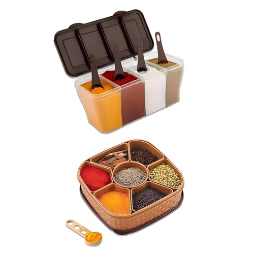 Image of Oblivion Kitchen Airtight Section Storage Container - 6 & 4 Compartment Masala Organizer Box with Spoons for Spices Condiments Seasonings - Square & Round Kitchen Storage Dabba Jar Set (Pack of 2)