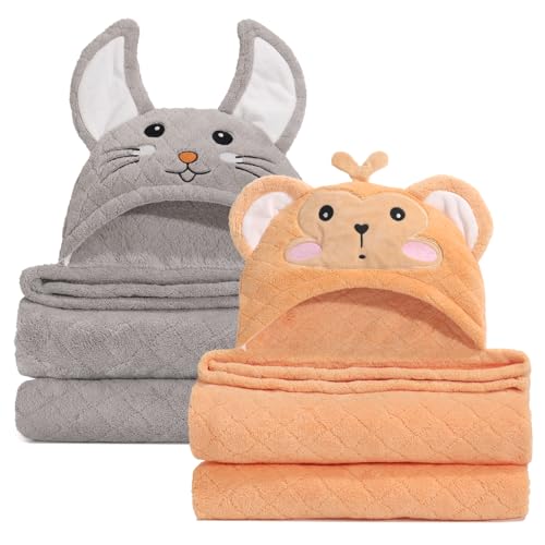 Image of WODHOY Toddler Towels for Boy, 2 PCS 50"x32" Hooded Baby Towels Boy,Thick Absorbent Bath Towels for Kids, Coral Fleece Animal Kids Towel with Hood, Gray Mouse & Orange Monkey Set