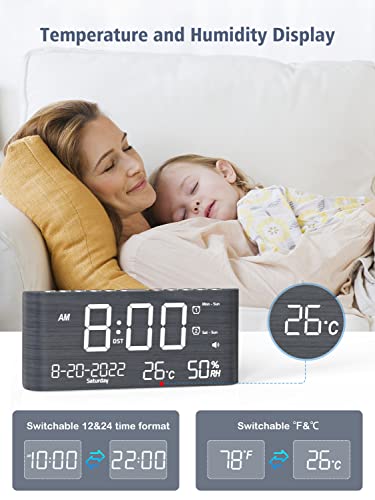 Dual Wooden Alarm Clock For Bedroom,Digital Clock With Weekday /Weekend/Every Day/One Day,Humidity&Temperature,Date,Time,Week,Brightness,Snooze,Phone Charger,Wood Led Desk Clock For Office Home Travel #TOP2