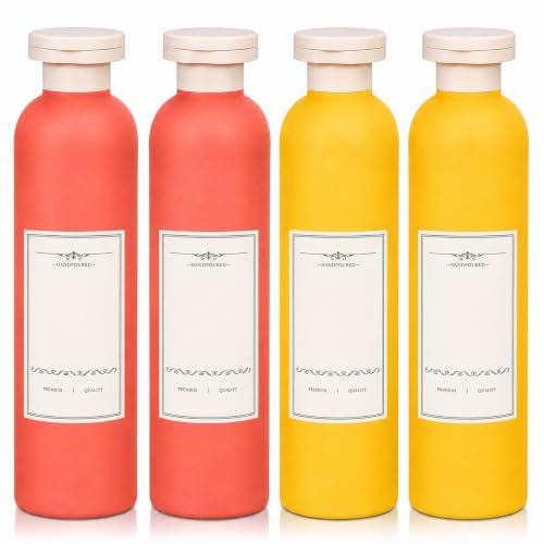 ASEVAT 4 Pack 8.8 oz / 260 ml Travel Squeeze Flip Top Bottles with Labels, Refillable Reusable Plastic Toiletry Containers for Shampoo, Conditioner, Lotion and Body Wash (orange, yellow)