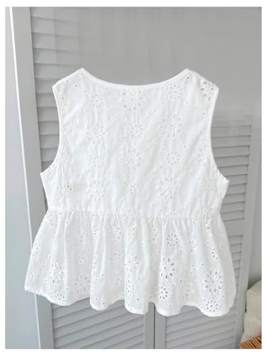 SweatyRocks Girl's Bow Tie Front Eyelet Embroidery Sleeveless Blouses Cute Ruffle Tank Top2