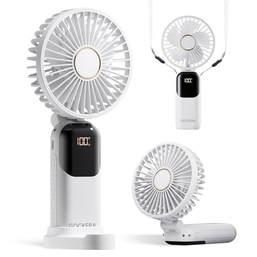 Image of GOCKERA Portable Fan, 4200mAh Battery Operated Fan, 5 Speeds&Digital Display, Makeup Fans for Women with Base, 180Foldable 3in1 Handheld /Neck /Desk Fan for Outdoor Indoor,Ultra Quiet (White)