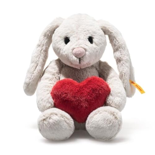Steiff Hoppie Hase mit Herz 16cm hellgrau Plüschtier Hase mit Schlappohren Soft Cuddly Friends flauschiges Stofftier zum Kuscheln und Spielen Kuscheltier für Mädchen und Jungen waschmaschinenfest