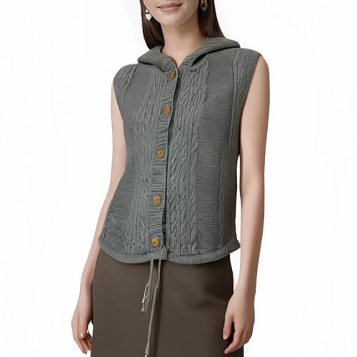 Image of Velius Women Knit Button Down Drawstring Sweater Vest Crop Top with Hood