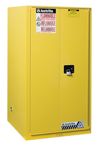 Image of Justrite 96 Gallon Self Close Paint and Ink Safety Cabinet, 18 Gauge Steel, 5 Shelves, 34 inch x 65 inch x 34 inch, 2 Door Combustibles Cabinet, Made in The USA, Yellow, 896030