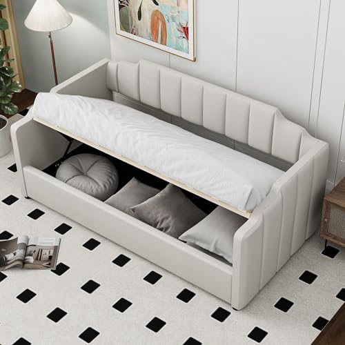 Merax Twin Size Upholstered Daybed, Sofa Bed Frame with Underneath Storage for Living Room, Bedroom and Guest Room, No Box Spring Needed, White