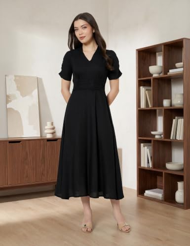 Image of Amazon Brand - Symbol Women's V-Neck Midi Dress | Ruched Waist, Puff Sleeves, A-Line Flared (Available in Plus Sizes)