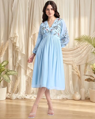Image of Amazon Brand - INKAST Women Embroidered V-Neck Chiffon A-line Dress | Casual & Semi-Formal Everyday Office Wear | Long Sleeve | Knee Length