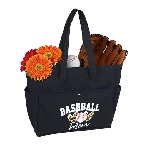 Duluvop Baseball Mom Tote Bags XL Baseball Mom Canvas Bag Purse Handbag with Large Pockets Baseball Mom Essentials for Baseball Daily Use Games Gym Travel Valentines Day Birthday Gifts for Women-Black