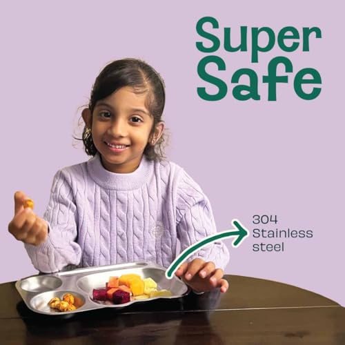 Image of Basil Stainless Steel Plate for Kids - Kids Plates for Food with 3 Compartments - Dinner Plates for Baby - Unbreakable Dinner Plates - Ideal for Birthday, Return Gifting - Funky Dinner Tiger Plate