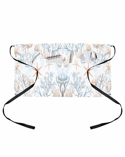 PIEPLE Beach Coastal Server Apron Waitress Aprons with 3 Pockets, Nautical Summer Starfish Coral Sea Half Waist Waiter Aprons Restaurant Chef Aprons for Women Men