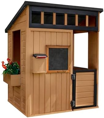 Backyard Discovery Caraway Cottage Cedar Wooden Kids Playhouse with Play Kitchen, Chalkboard, Mailbox, Half Door, Windows, Flower Box, Modern Farmhouse Design for Outdoor Imaginative Play