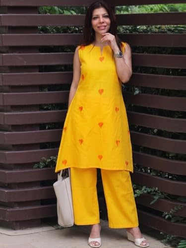 Image of ANNI Designer Kurta Set for Women Cotton Blend Embroidered | Kurti Set for Woman | Farshi Salwar Suit Kurta Palazzo Outfit | Round Neck V Slit Sleeveless Regular Fit Ethnic Dress Stylish Clothing
