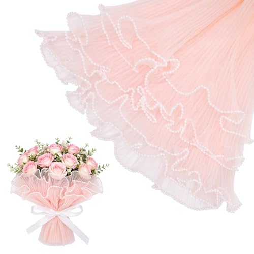 Papel para Flores con Perlas 4 m Papel de Malla Semitransparente para Ramos de Flores, Estilo Plisado, para Bodas, Aniversarios, Graduaciones, Cumpleaños y Floristerías (Rosa)