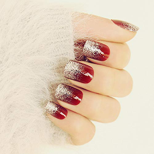 Skyvan 24 PCS/Set Silver Glitter Snowfake Wine Red Press On False Nails Artificial Fake Nails with Glue and Adhesive Tab
