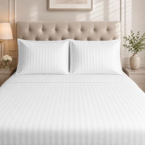 Image of Oxford Pillowcases Pair Pack, 100% Cotton Sateen Stripe Hotel Quality Pillow Cases, 250 Thread Count Luxury Soft Cooling Bed Pillow Covers with Envelope Closure (50 x 75 + 5cm Border) White