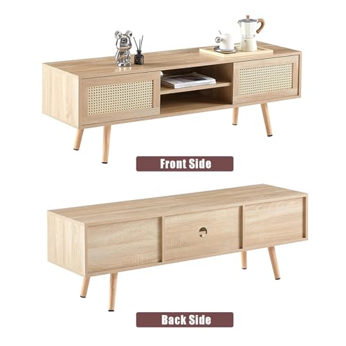 Rattan TV Stand for 55 Inch TV - Boho Media Entertainment Center with Rattan Cabinet - Television Stand Furniture for Living Room Bedroom - Stylish and Functional TV Stand for Home Décor - Image 5