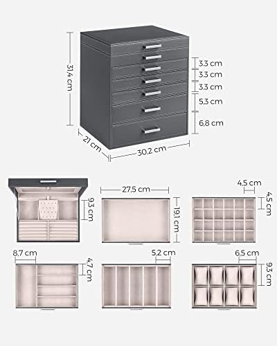 SONGMICS Jewellery Box, Jewellery Organiser, Large Jewellery case, with 6 Layers and 5 Drawers, JBC138G01