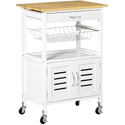 Puertas Persianas Para Armarios HOMCOM Carrito de Cocina con Ruedas Carro de Almacenamiento Multiuso con Encimera de Bambú Cajón Cesta Metálica y Armario de 2 Puertas de Persiana 58x37x85,5 cm Blanco