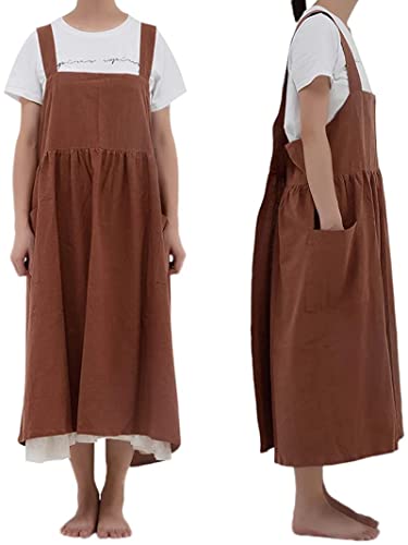 Japanese Cotton Linen Apron Adjustable for Women With Pockets, Fashion Pinafore Dress for Cooking Painting Gardening(Maple Leaf Red)