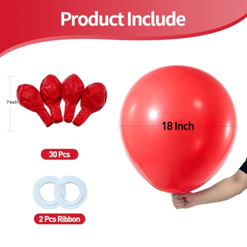 Image of KALOR 18 Inch Red Large Latex Round Balloons 30-Pack