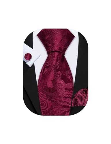 Barry.Wang Wine Red Tie for Men Paisley Silk Necktie Pocket Square Cufflinks Set Formal Business Wedding Party