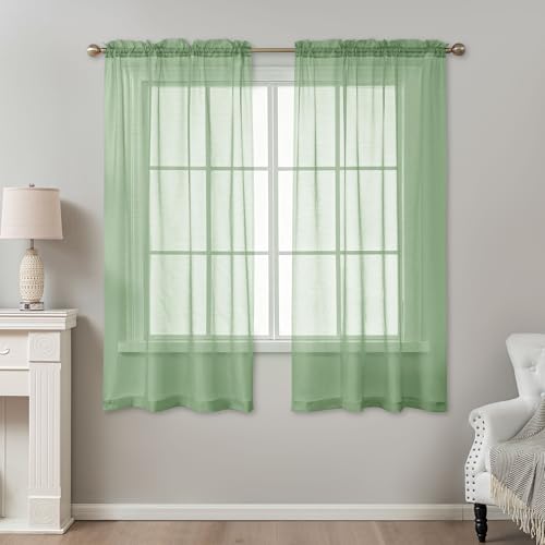 Image of Sage Green Sheer Curtains 63 Inch Length, Privacy Semi Sheer Curtains for Living Room Bedroom, Light Filtering Rod Pocket Voile Window Drapes 2 Panels Set, Each 42 inch W x 63 inch L