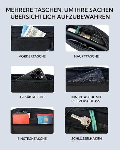 WATERFLY Bauchtasche Hüfttasche Herren Damen: Klein Gürteltasche Sport Bum Hip Bag Männer Frauen Waist Fanny Pack mit Verlängerungsgurt für Reise Wandern Hundetraining Outdoor Schwarz
