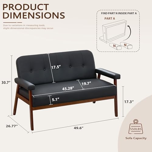 Image of JIASTING 50 inch Black Leather Loveseat Sofa, Small Office Couch with Wood Arms