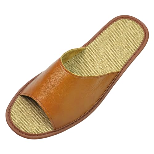 Image of Hwayslon Leather Slippers Men's Women's Leather Room Shoes Natural Cowhide Luxury Solid Color Unisex