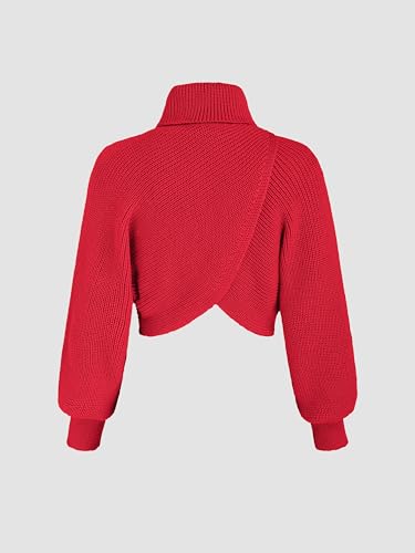 Image of CIDER Cropped Sweaters for Women Turtleneck Sweater Long Sleeve Ribbed Knit Lantern Sleeve Pullover Fall Outfits: Red, S