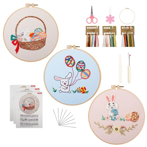 Image of olhuvs 3 Pack Beginner Embroidery, DIY Starter Set with Stamped Flower Designs, Embroidery Hoop, Colorful Threads, Tools, Step by Step Instructions(D)