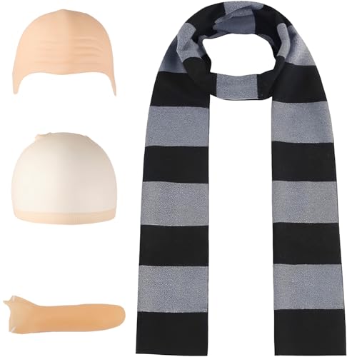 Kitimi 4Pcs Costume Accessories for Adult,Black Gray Striped Scarf/Fake Nose/Bald Cap for Men Cosplay Set